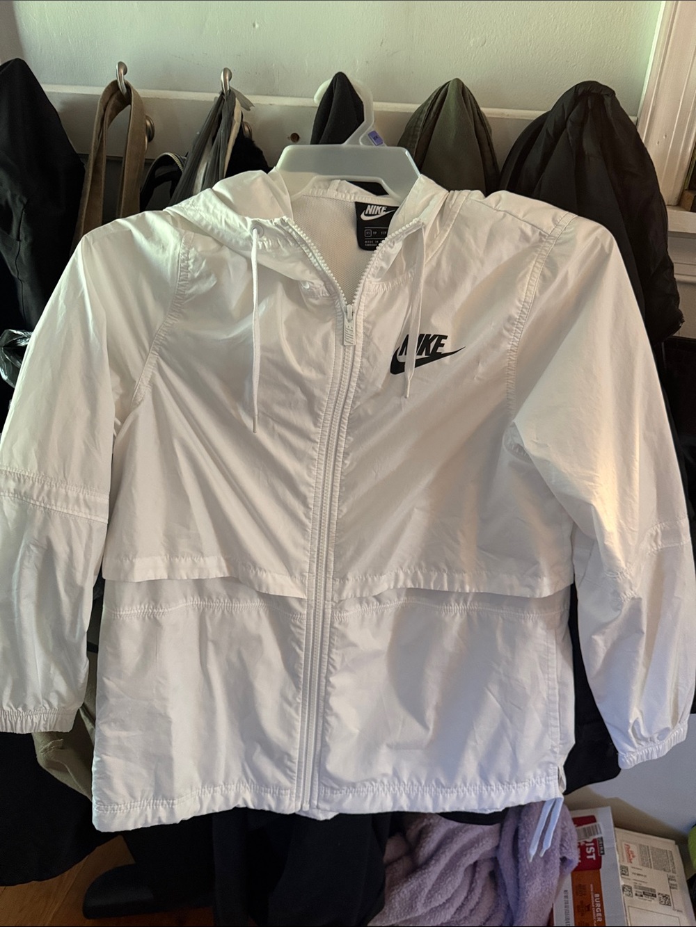 Nike White womens Hooded Windbreaker Jacket with Black Logo